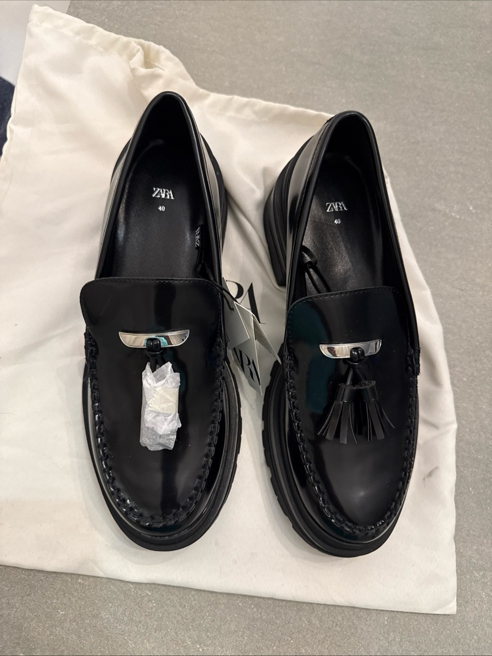 Zara Black Leather Tassel Loafers with Metal Bit